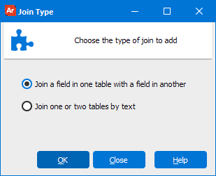 This image is the Join Type dialog with two options.  You can join a field in one table with a field in another, or join one or two tables by text.